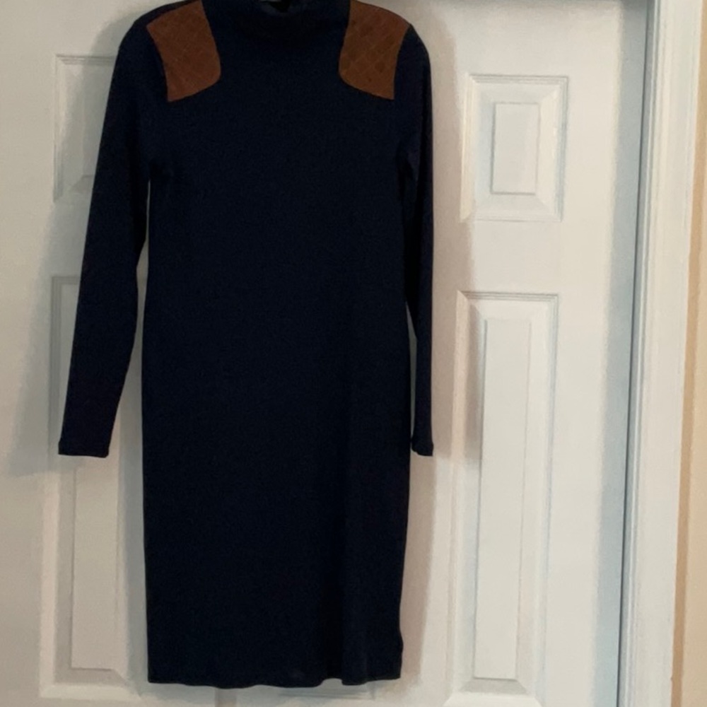 Lauren Navy Blue turtleneck dress, size small. Leather accents at shoulder.